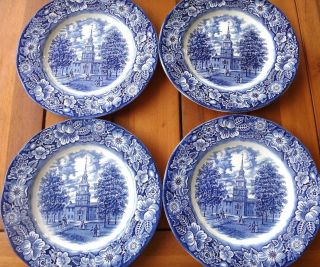 Set Of 4 Staffordshire Liberty Blue Ironstone 10 " Independence Hall Dinner Plates