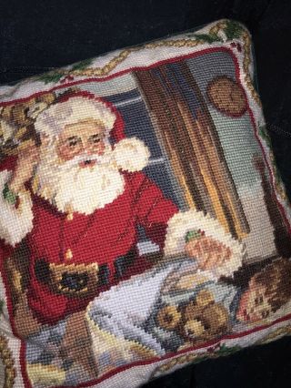 Vintage Needlepoint Christmas Pillow Green Velvet Santa Sleeping Child