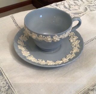 Wedgwood Embossed Etruria Barlaston Queen’s Ware Blue & White Cup & Saucer