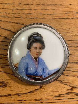 Vintage Limoges France Hand Painted Porcelain Geisha Portrait Silver Pin Brooch