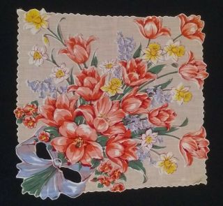 Vtg Collectible Ladies Floral Tulips Daffodils Bouquet Hankie Decoration