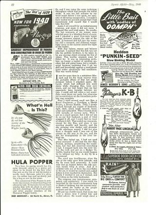 Vintage 1940 Heddon " Punkin - Seed " Lures Ad,  Hula Popper Bass Bug Ads