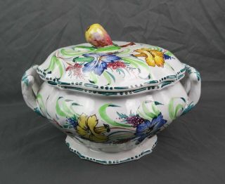Vintage Hand Painted Soup Tureen Made In Italy Pear Handle Floral Signed