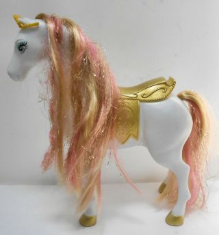 Barbie 10 " Princess Toy Rolling White Pony Horse W/pink & Gold Long Mane & Tail