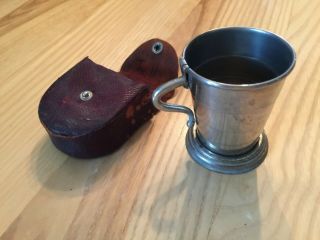 Vintage Tin Folding Cup With Folding Handle And Leather Pouch Unknown Age