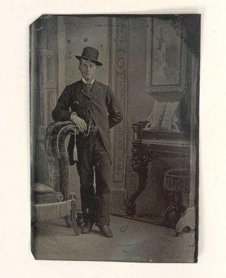 Antique Civil War Era Tintype Tin Type Photo Gentleman Dressed In Jacket & Hat