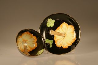 Princess China Handpainted Black With Orange Hibiscus Cup And Saucer,  Japan