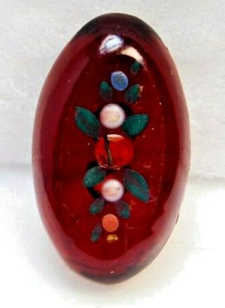 Antique Vtg Button Ruby Red Glass W Enamel Floral Design Whistle K8