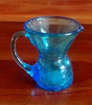 Vintage Blue Crackle Glass Mini Pitcher,  Creamer,  3.  25 " Personal Size