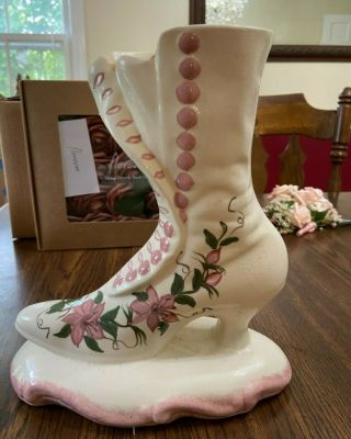 Cash Family Pottery Hand - Painted Pink And Green Flowers On Victorian Boot Vase