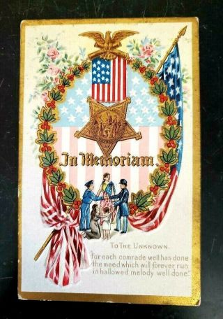 Antique Embossed - Nash - In Memoriam - To The Unknown - Civil War - Gar Badge - Postcard