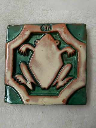 Vintage 1997 Handmade Moravian Painted Clay Tile,  Frog Design 4.  25 " Square