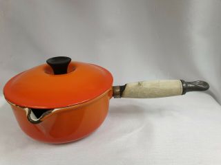 Vintage Le Creuset Saucepan W/lid Wood Handle Volcanic Orange 16 W/spout