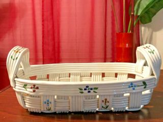 Vintage White Open Weave Ceramic Basket With Painted Flowers Farmhouse Decor