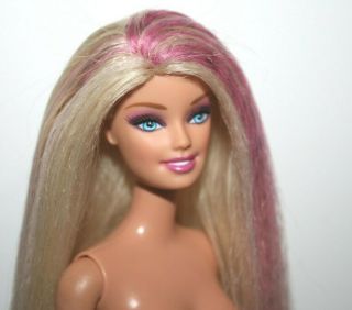 Barbie Doll Nude Long Blonde Hair W Pink & Black Highlites Blue Eyes Smile Euc