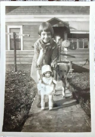 Vintage Old 1926 Photo Of Little Girl With Her Dog And Big Doll Shirley Lunde
