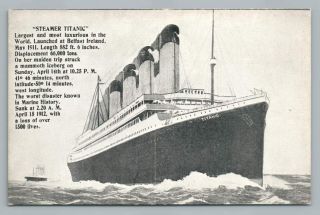 Steamer Titanic " Most Luxurious Worst Disaster " Antique Postcard Tichnor 1912