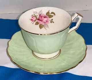 2 Piece Aynsley Fine English Bone China Tea Cup Set Green Floral Inside