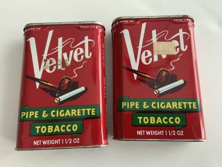 2 Vintage Velvet Pipe And Cigarette Tobacco Tins 1 1/2 Oz Can,  One Still Full