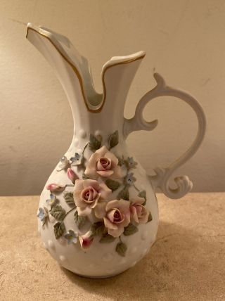 Vintage Lefton White Pitcher Vase With Pink Roses 839 6” Tall
