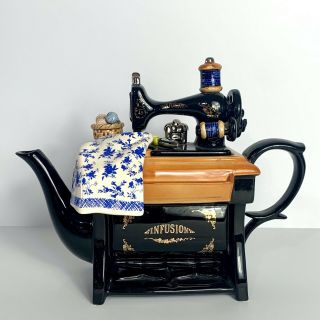 Paul Cardew Teapot,  Infusion Sewing Machine,  Blue And White Quilt