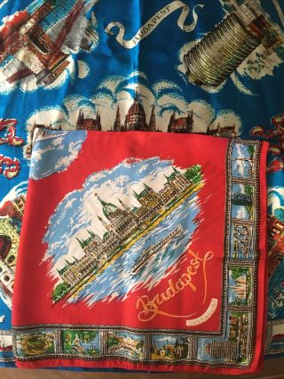 Two Vintage Budapest Souvenir Scarves Scarf Red And Blue 26 By 26