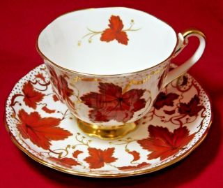 Royal Chelsea English Bone China Tea Cup & Saucer Set Red White Gold Maple Leaf