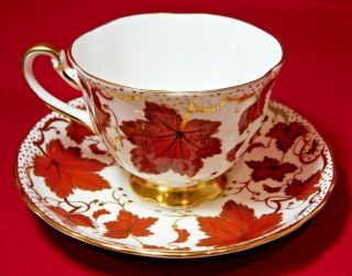 Royal Chelsea English Bone China Tea Cup & Saucer Set Red White Gold Maple Leaf 2