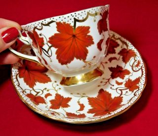 Royal Chelsea English Bone China Tea Cup & Saucer Set Red White Gold Maple Leaf 3