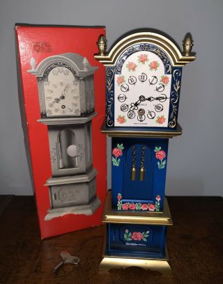 Vintage Trenkle Blue Toile Wind - Up Miniature Grandfather Clock W.  Germany W/key