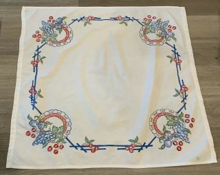 Vintage Small Tablecloth,  White,  Cotton,  Printed Design,  Grapes,  Fruit,  Cherries