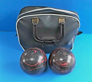 Vintage Set Of (2) Ultra Hi Duckpin Bowling Balls W/ Carrying Case - Black & Red