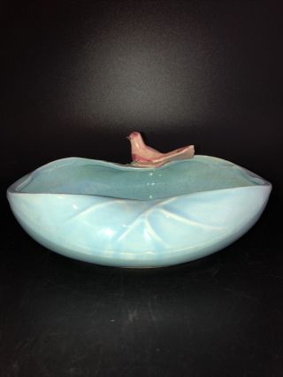 Vintage McCoy Pottery Aqua Blue Oval Bowl w/ Pink Bird Console Bowl Dish Planter 2