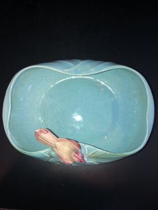 Vintage McCoy Pottery Aqua Blue Oval Bowl w/ Pink Bird Console Bowl Dish Planter 3