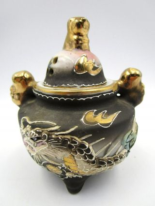 Dragon Ware Porcelain Incense Burner Japanese Moriage Foo Dog Gold Accents Vtg.
