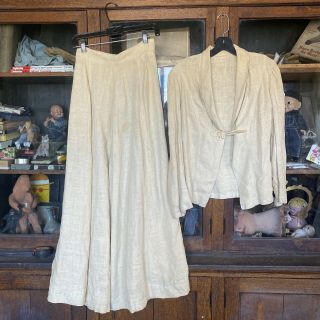 Vintage Women’s Edwardian Antique Cream Linen Jacket Skirt Walking Suit 1900’s