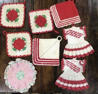 Eight Vintage Handmade Crochet Pot Holders