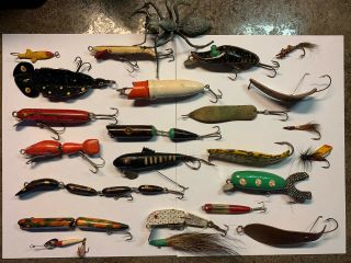 Assortment Vintage Wooden Fishing Lures Flies Rubber Bugs Spoons Minnows Snake