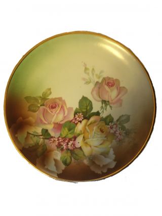 Vintage Gold Rimmed Bavarian Schwarzenhammer Floral Rose 10” Dinner Plate