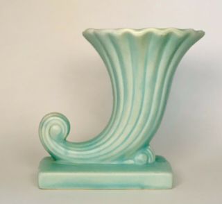 Vintage Classic Mccoy Pottery Cornucopia Flower Vase Turquoise Blue Aqua Usa