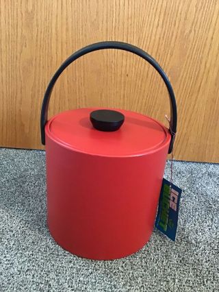 Vintage Shelton Ware Ice Bucket Red Retro Faux Leather Wrapped W/tag Barware Bar