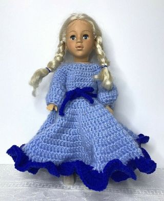 Vintage Fibre Craft Doll Blonde Braids Hand Crocheted Dress & Panties 13 "