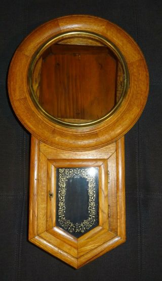 Antique Oak Wood Regulator Style Wall Clock Painted Glass Pendulum Door,  21 1/4