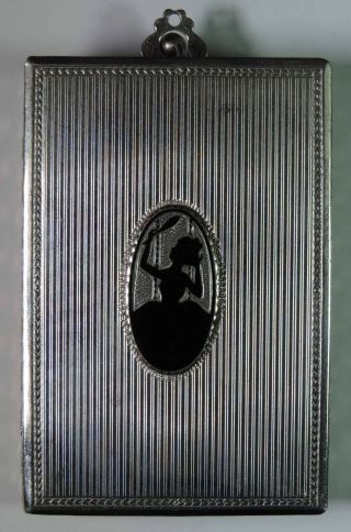 Vintage Antique Art Deco Black Enamel Lady Woman Design Silver Tone Compact