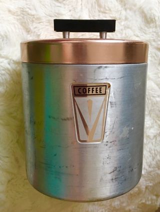 Vintage Mid - Century Aluminum And Copper Coffee Canister Black Rectangle Handle