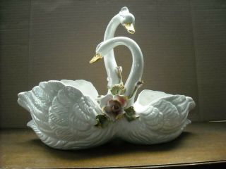 Vintage Capodimonte Double Swan Planter With Roses & Leaves