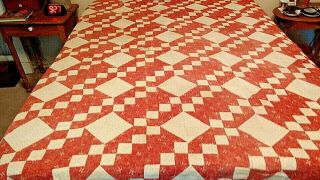 Antique Red & White Hand Quilted Bed Cover 60” X 90”