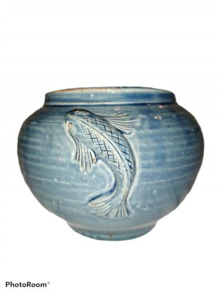 Vintage Studio Art Pottery Vase Applied Koi Fish 3 3/8 " Slate Blue Artist Signed
