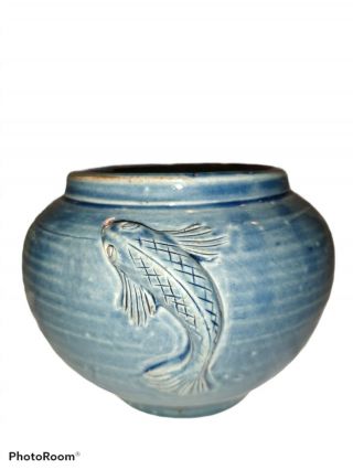 Vintage Studio Art Pottery Vase Applied Koi Fish 3 3/8 