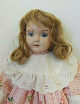 Antique Minerva 13 " Tin Head Doll W/cloth Body,  Glass Eyes,  Human Hair Wig